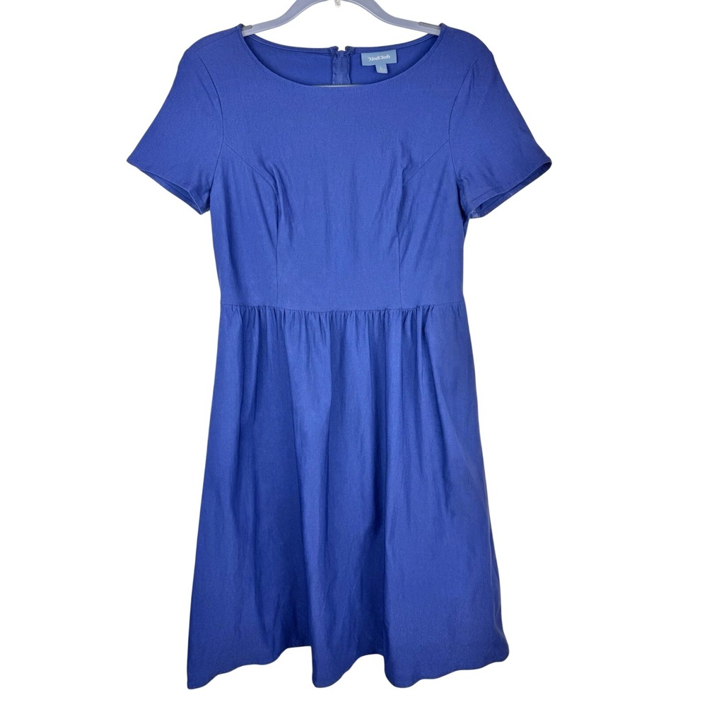 ModCloth Blue Fit Flare Dress Women's L Short Sleeve Pockets Casual Midi